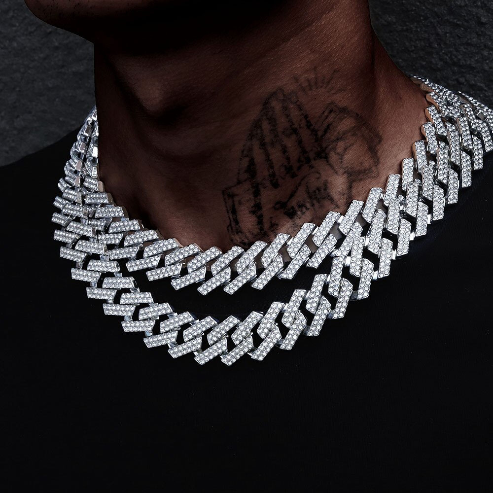 Collier Long glacé pour hommes, Hip Hop, strass or et argent de 19mm, chaîne cubaine, Rap à paillettes, exquis