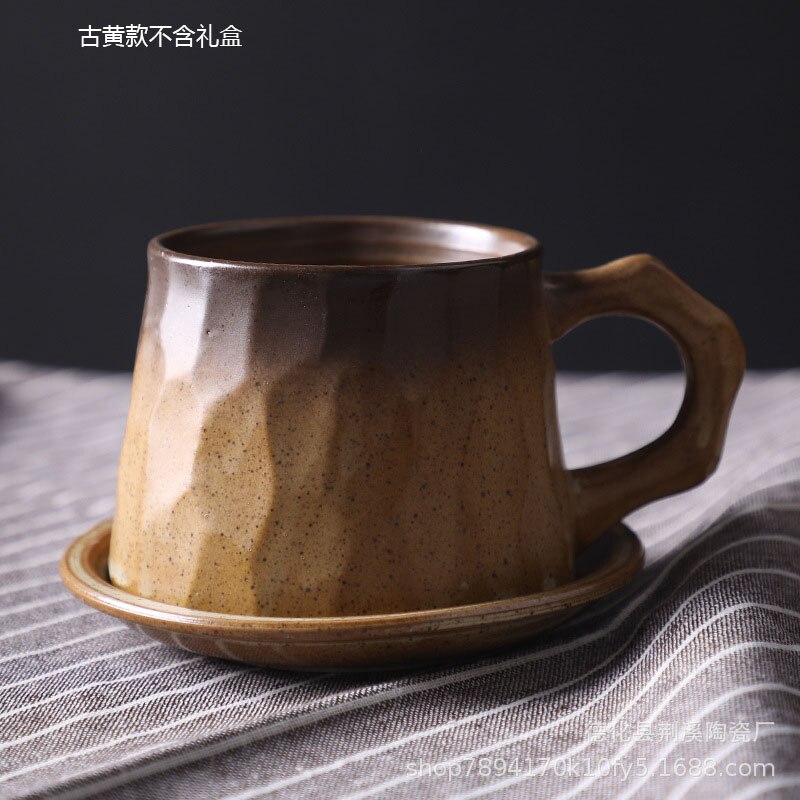 Japansk retro kaffekrus mælk kaffekop praktisk keramisk te øl krus morgenmad kop hjem drinkware med bakke: Gul