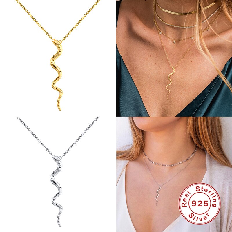 ROXI Genuine 925 Sterling Silve Snake Pendant Necklace Women Punk Style Charm Gold Choker Necklace Long Statement Jewelry