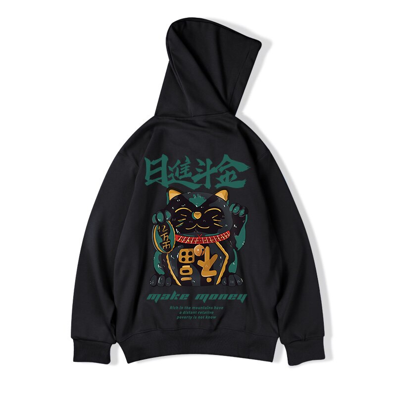 Zazomde vinter løse hættetrøjer mænd hip hop sweatshirt plutus cat print mænd pullover tegneserie oversize hættetrøje high street sweatshirt: Sort / 6xl