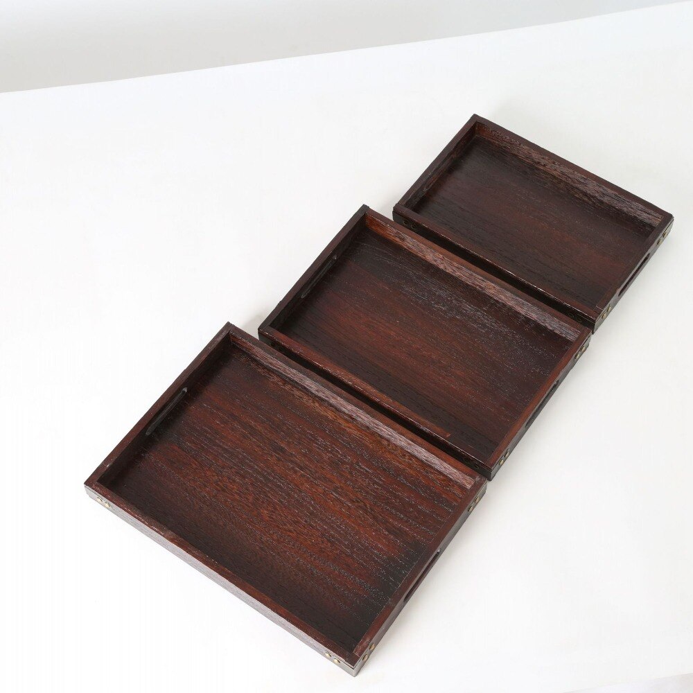 Juego de 3 bandejas de servicio de anidación de madera marrón oscuro de estilo antiguo, con asas cortadas, bandeja de madera, mesa de servicio para té Gong Fu