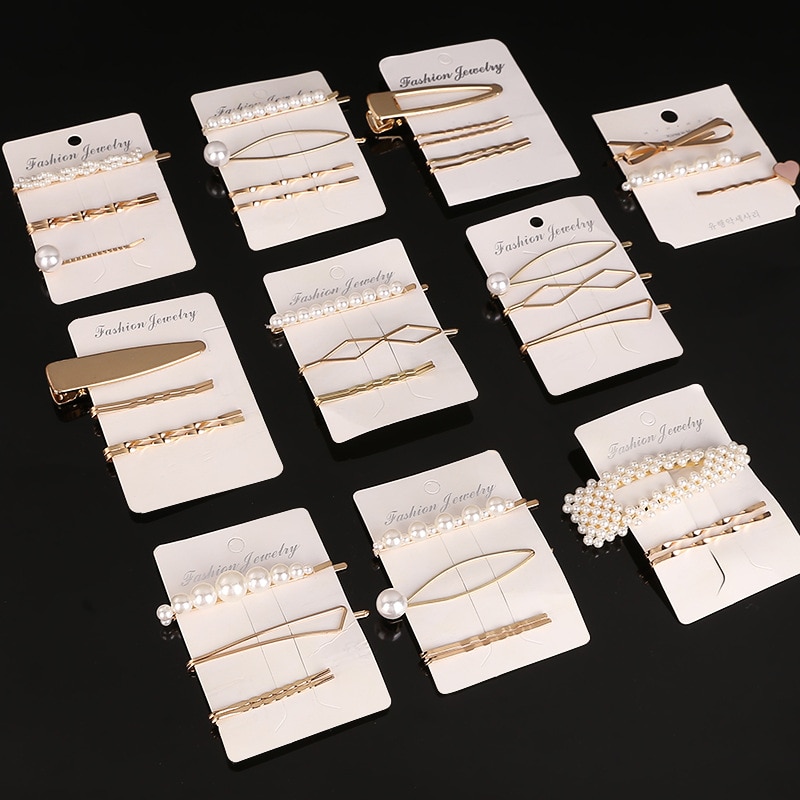 1Set Vrouw Parel Haarspelden Legering Haarspeldjes Geometrische Goud Haar Clip Zoete Hoofddeksels Haarspeldjes Hoofdband Haar Accessoires