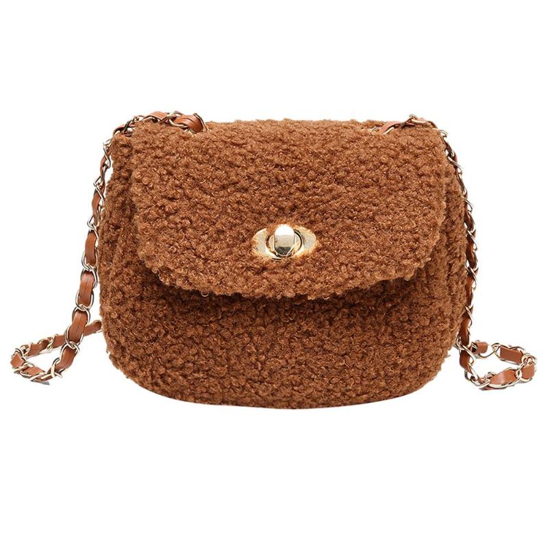 Fleece crossbody handtassen dames effen kleur kleine schoudertassen meisjes kleine schoudertassen portemonnees clutches: Lichtbruin