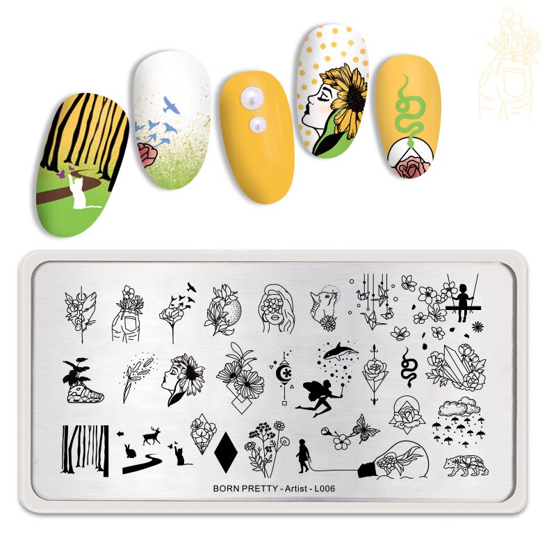 Geboren Pretty Nail Stempelen Platen Rechthoek Beauty Multi-Stijlen Nail Art Stamp Image Template Stencils Voor Nagels Afdrukken: Artist-L006