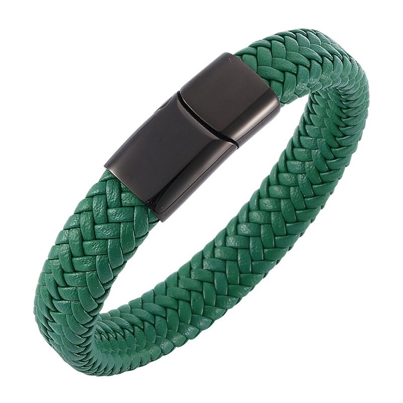 Men Jewelry Green Braided Leather Bracelet Stainless Steel Magnetic Clasp Punk Bangles Male Wrist Band S0016: Black Clasp / Wearing length 205mm