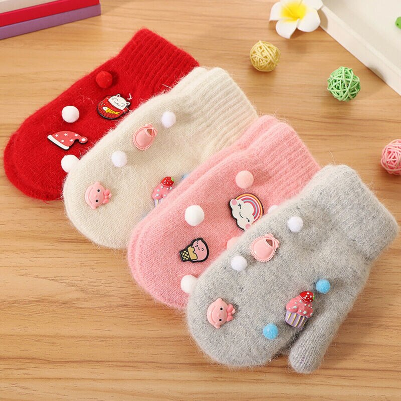 Children's Gloves Kids Boys Girls Winter Warm Cute Baby Knit Soft Gloves Kids Cartoon Candy Color Star Mitten Size 6-12Y