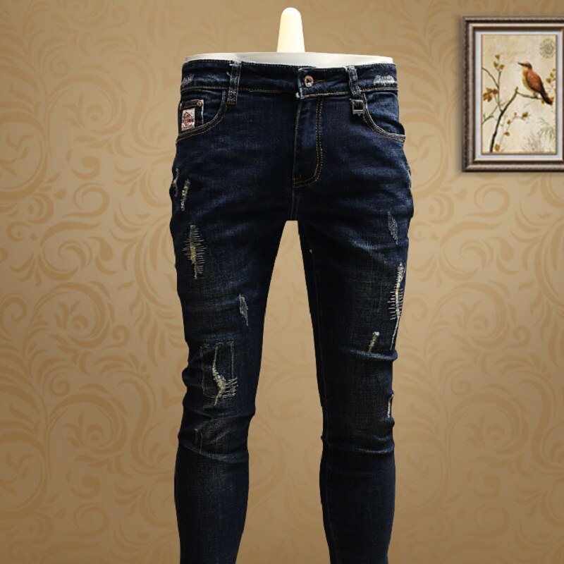 Skinny Ripped Blue Jeans Men Cotton Streetwear Slim Fit Straight Stretch Denim Pants