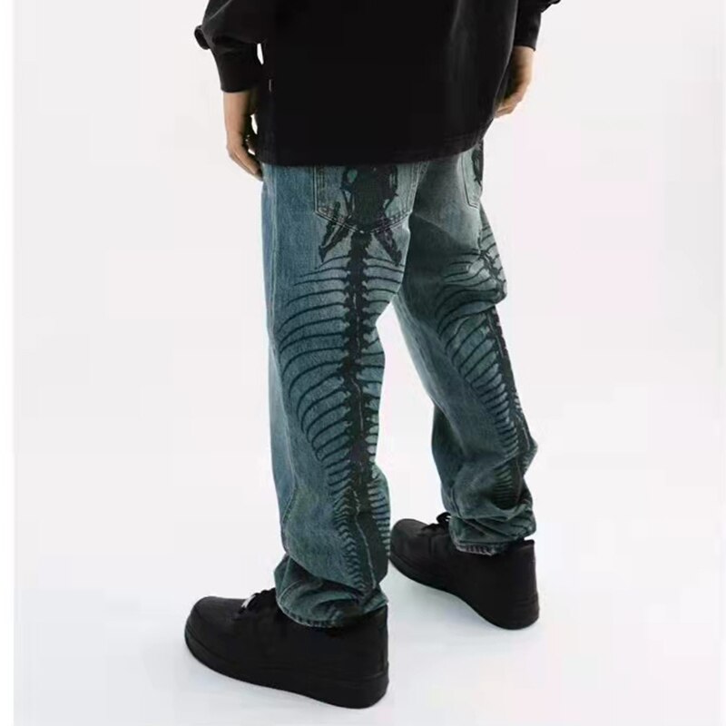 High Street-pantalones vaqueros pintados a mano para hombre, vaqueros rectos de gran tamaño, informales, Retro, rasgados y lavados