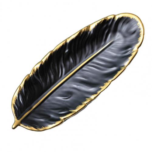 Kreative Feder bilden Platte Stilvolle Porzellan Geschirr exquisit Gold-Überzogene Keramik Tablett Kochen Platte Geeignet für Heimat: elegant Schwarz  klein