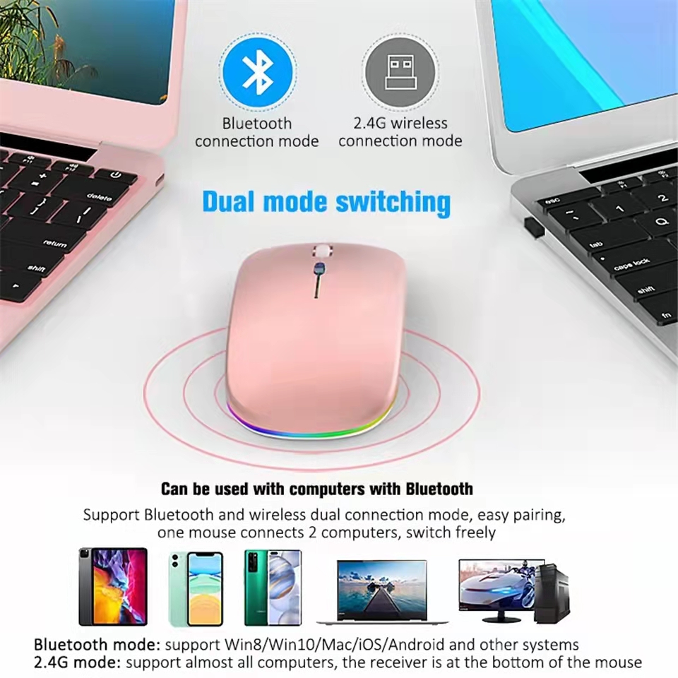 Trådlös gamermus usb-laddningsbar 2.4 ghz bluetooth-kompatibel rgb-möss för bärbar dator tyst bakgrundsbelyst ergonomisk spelmus