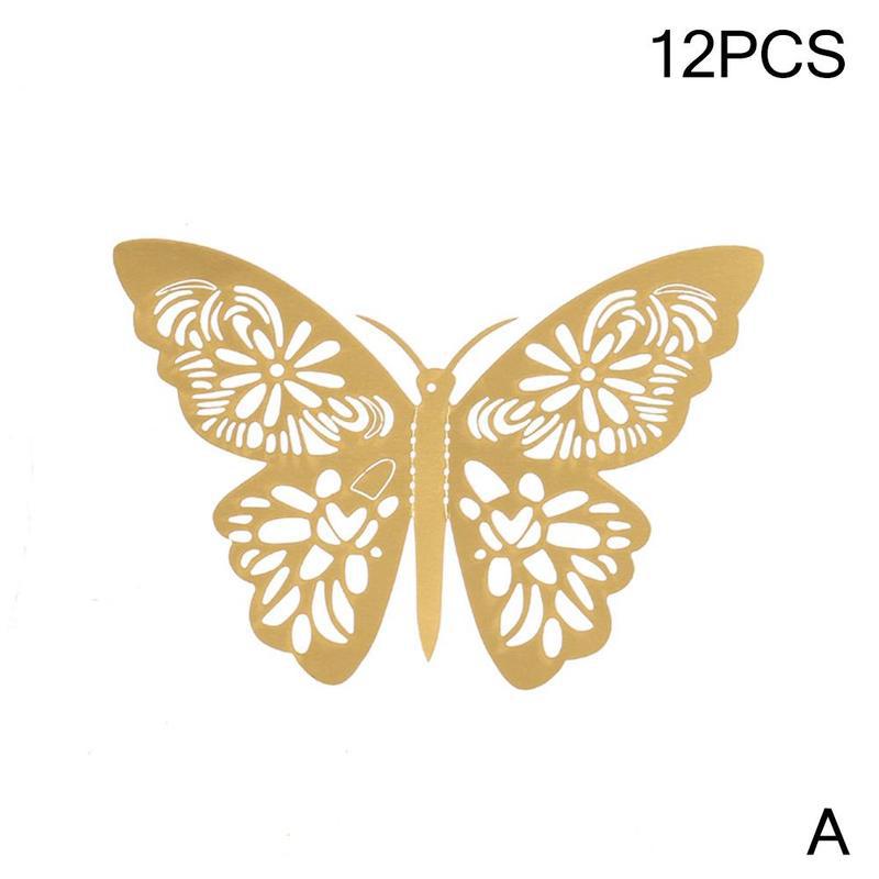 12 pièces/pack 3D doré papillon Stickers muraux bricolage creux Simulation papier papillon décoration mur ornement mariage mise en page: Golden