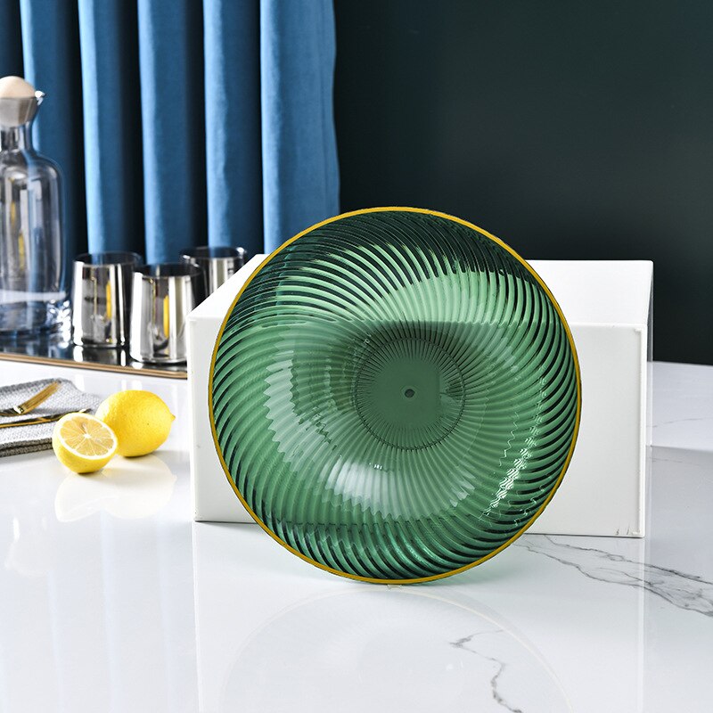 Cuencos de plástico para servir frutas, Bol redondo transparente para ensalada, plato de aperitivos con borde dorado, con estante de Metal, contenedor de comida para: Green