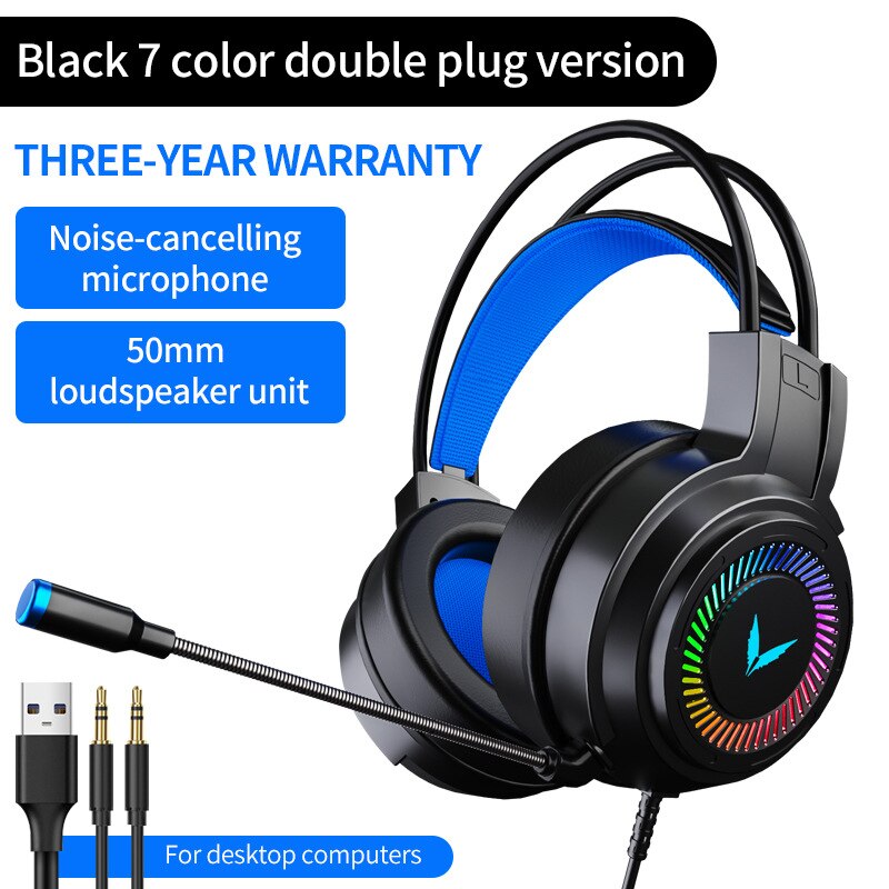 Gaming Headsets Surround Sound Stereo Wired Earphones USB Microphone Colorful Light PC Laptop Game Headset: Black  7.1USB