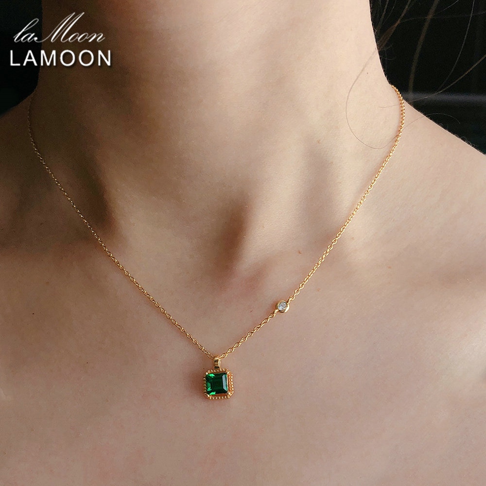 Lamoon 925 sterling sølv syntetisk smaragd halskæde til kvinder retro princess cut sten 14k guldbelagte fine smykker lmni 097