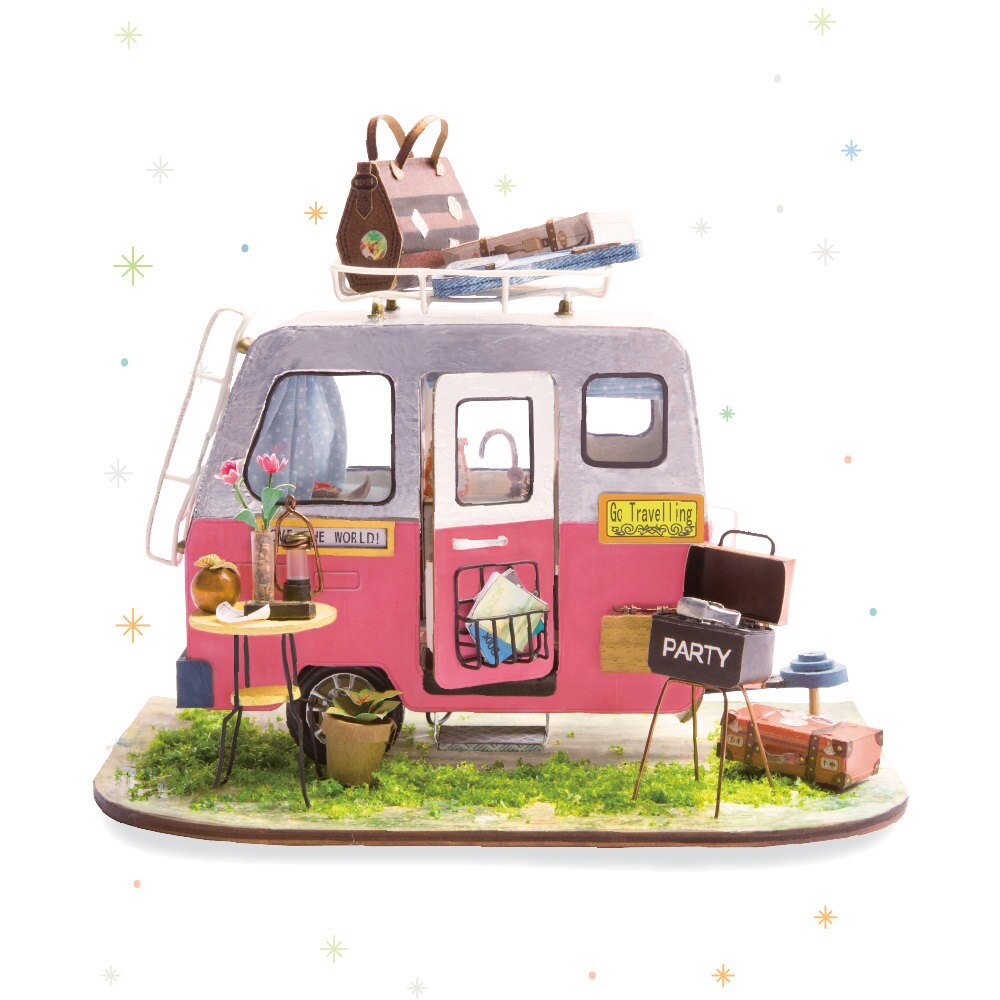 Robotime 15 Kinds DIY House with Furniture Children Adult Miniature Wooden Doll House Model Building Kits Dollhouse Toy: Happy Camper