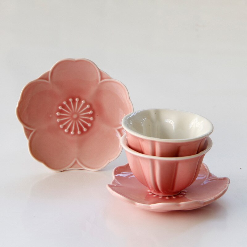 pink special-shaped ceramic flower tea cup and dish set for women's ceramic afternoon tea cup with dish