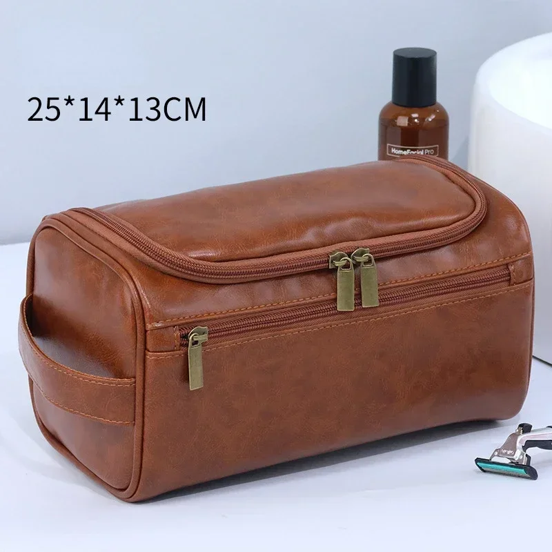 Sac De Toilette Vintage En Cuir - Sacoche De Voyage Marron - Occasion Très Bon état