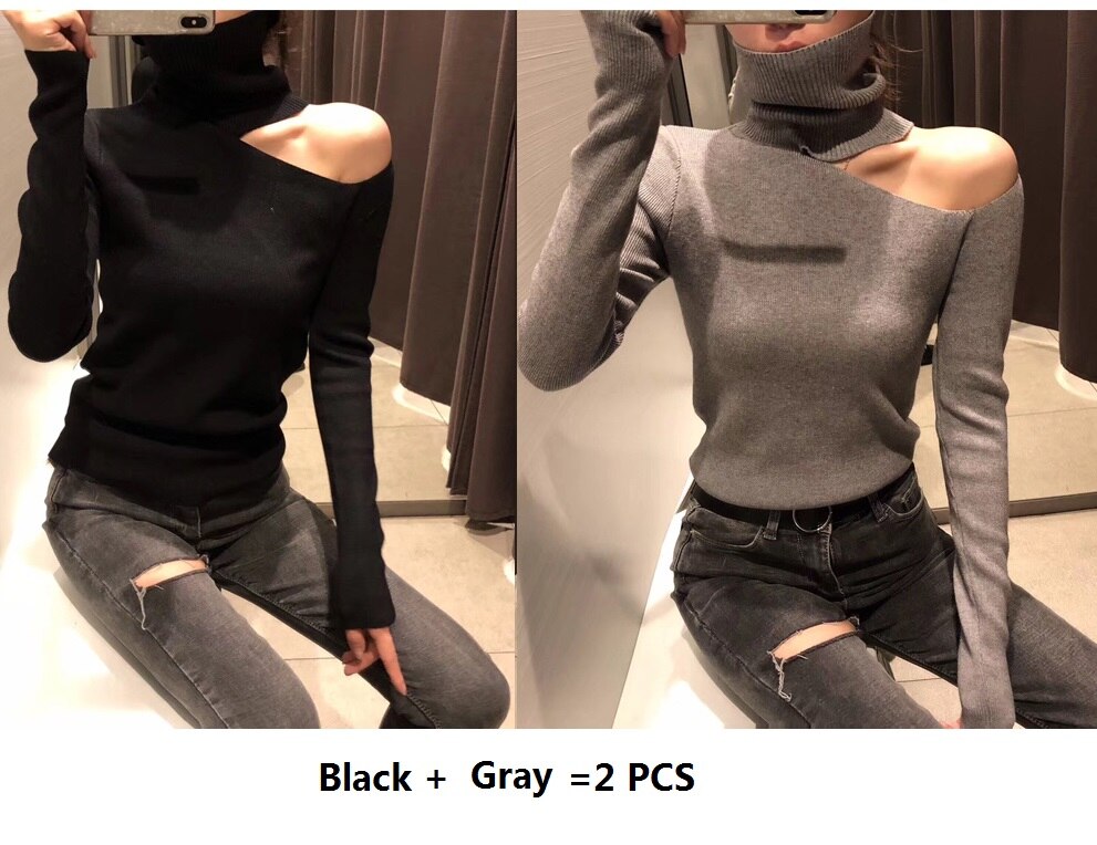 Sexet striktrøje off shoulder sweater sweater til kvinder langærmet rullekrave dame sweater hvid tøj vintage sweater: Sort grå 2 stk