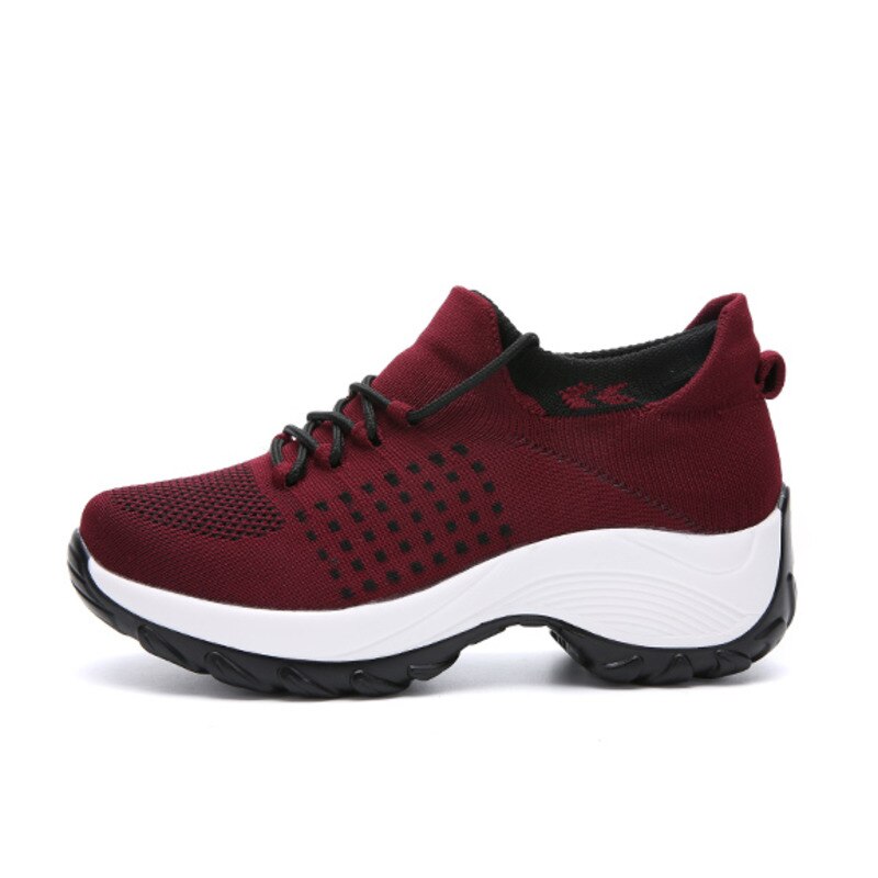 Kvinder sneakers åndbare mesh platform sko 5 cm forstærk snørebånd slidbestandige gymnastiksko skridsikre sokker flade zapatos mujer: Røde sko / 8