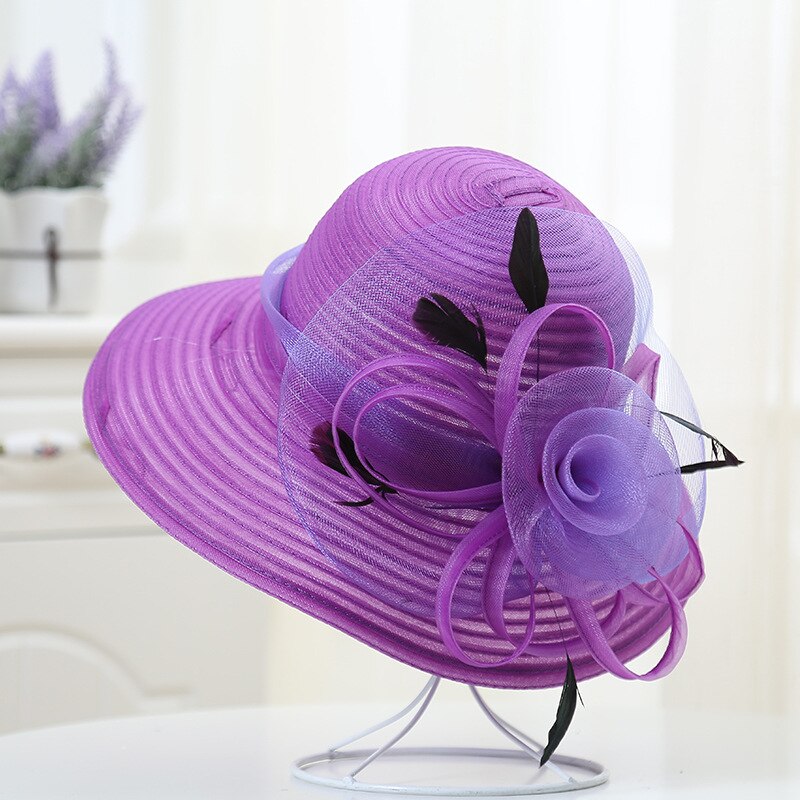 Verano de mujer de sombrero grande de cinta con flores de Floppy sombrero de sol de playa Kentucky Derby boda sombreros para Misa: Morado