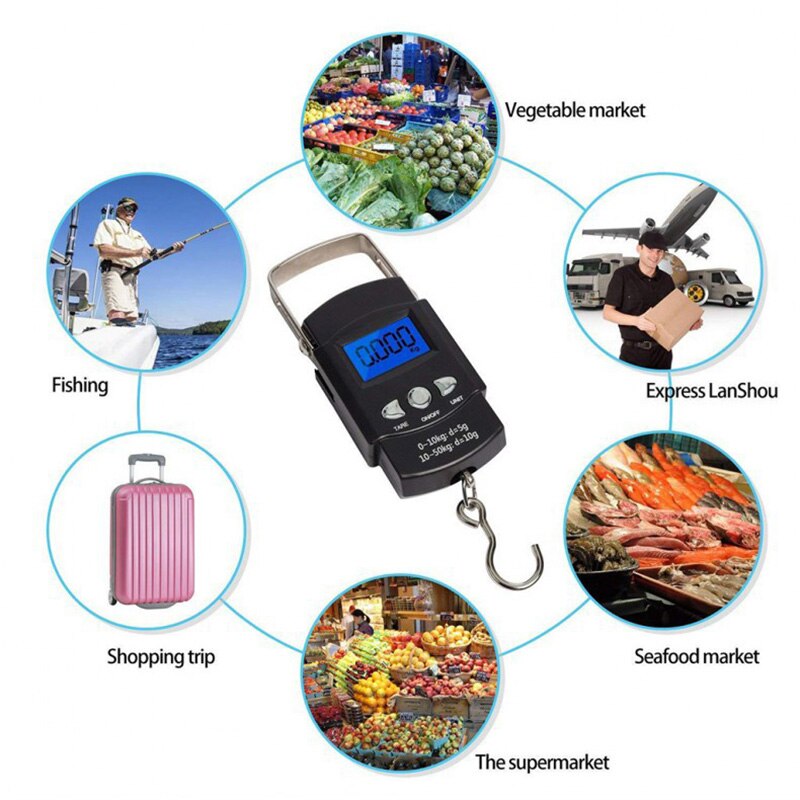 50kg/110lb Digital Fish Scale Electronic Scale Portable Express Luggage Weight Hanging Scale With 1m Measuring Tape