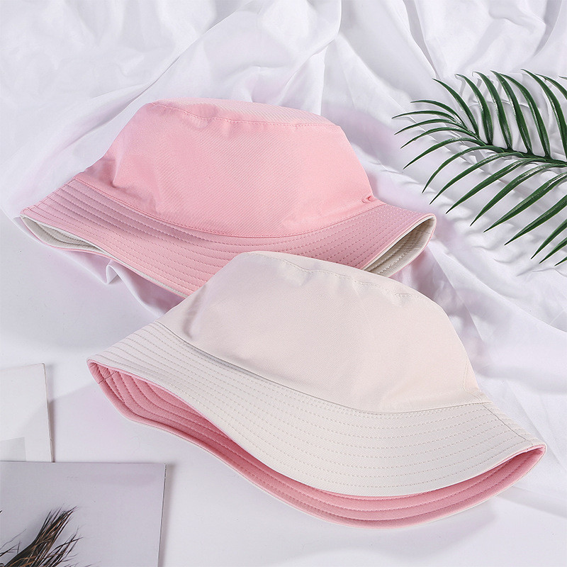 Dubbelsidig bärmössa enfärgad hinkhatt män kvinnor solhatt vändbar fiskarhatt sommar panama keps sol fiske gorras: Rosa beige