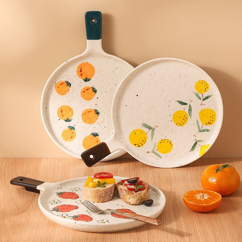 Plato de cerámica para Pizza, horno microondas, plato de comida occidental especial con mango, plato para ensalada de frutas, vajilla para el hogar, utensilios de cocina