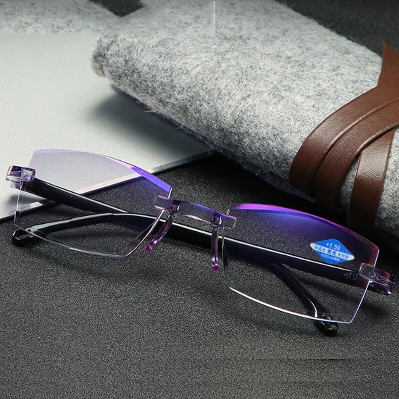 Unbreakable Anti Blue Light Bifocal Reading Glasses Unisex TR90 Flexible Rimless Ultralight UV Protection Computer Goggles +150