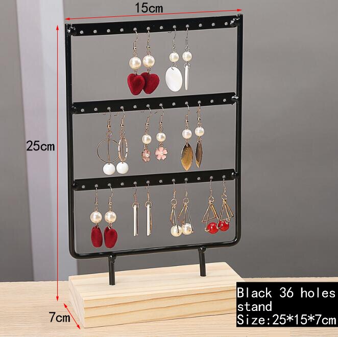 Earrings Stand Jewelry Display Earrings Holder Jewellery Storage Wooden Base Metal Ear Studs Pendant Rack: black 36 holes