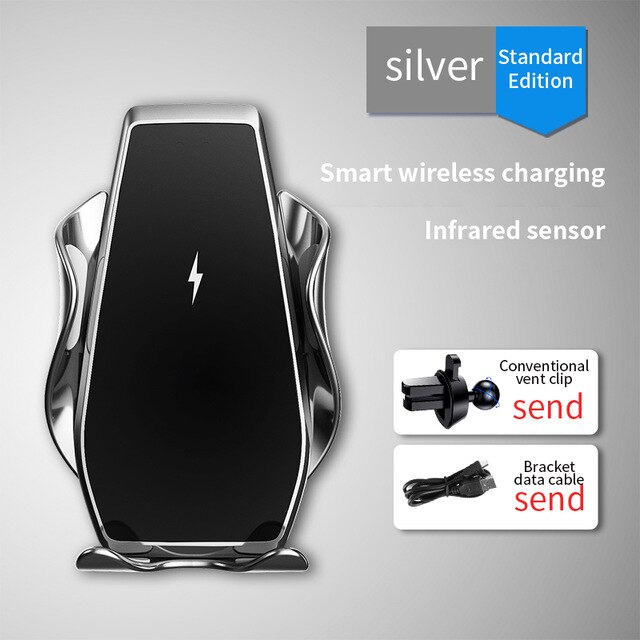 15W Snelle Qi Auto Draadloze Oplader Infrarood Sensor Automatische Spannen Voor Iphone 12 11 Xs Xr X 8 Samsung s20 S10 Auto Telefoon Houder: Air Vent Silver