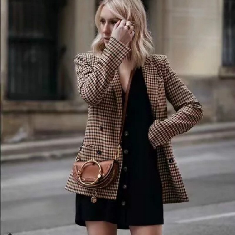 Veste à manches longues à carreaux pour femmes, Blazer à carreaux, Slim, col rabattu, rétro, col en v, costumes OL, boucles, manteau à Double boutonnage, collection décontracté