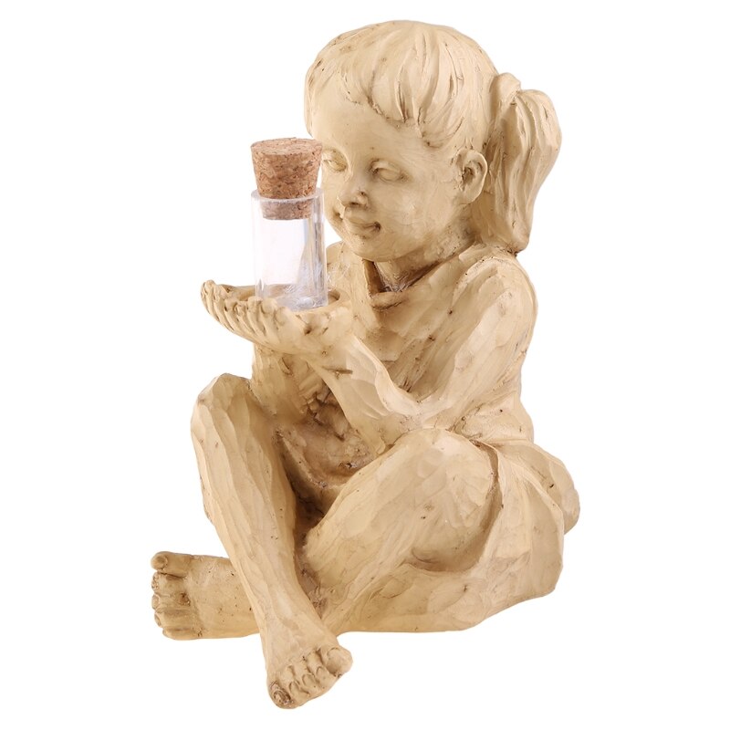 Solar Fireflies Sitting Kids Statue Garden Ornament Lighted Firefly Jar Boy/Girl