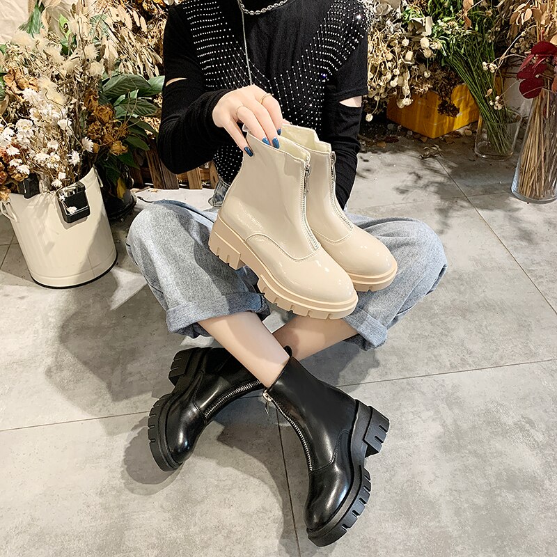Herfstlaarzen dames witte glanzende leren gothic schoenen enkellaarsjes dames winter rits platform zwarte laarzen warme pluche sneeuwlaarzen