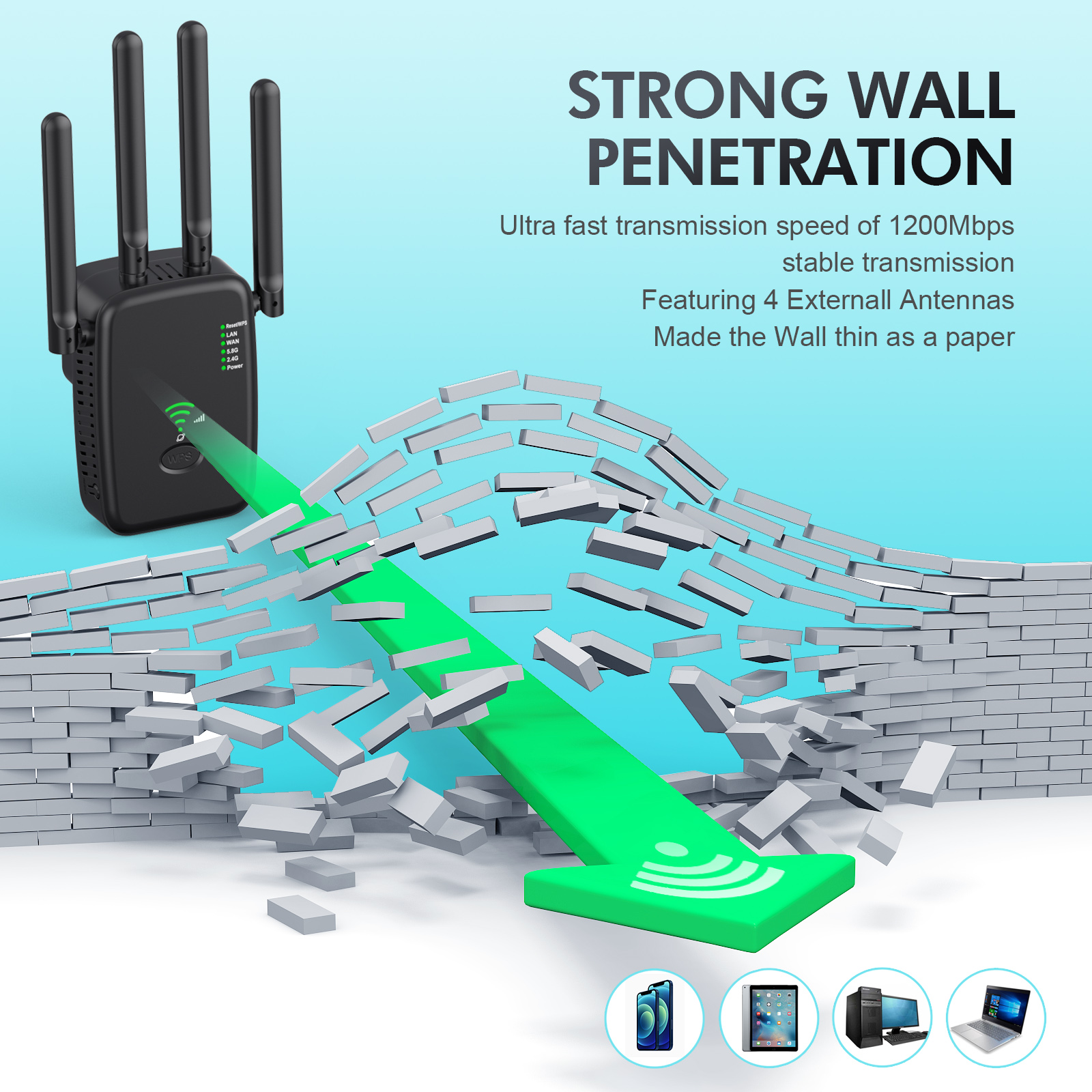 Bezprzewodowy wzmacniacz WiFi 1200Mbps/300Mbps, dwuzakresowy wzmacniacz sygnału WiFi 2.4G/5G, antena rozszerzająca WiFi, wzmacniacz sieciowy, router WPS