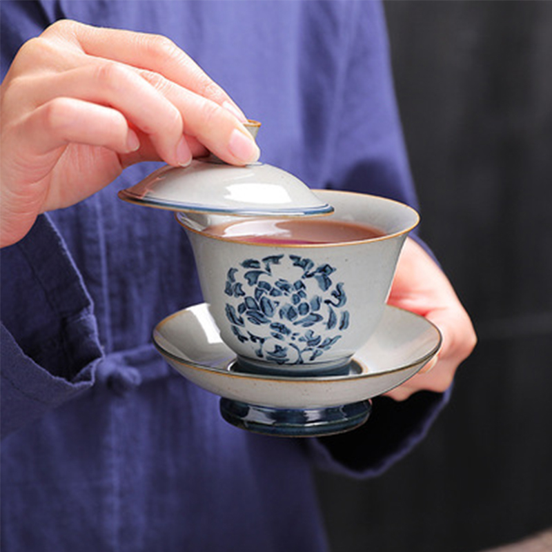 Retro Jingdezhen Hand-painted Tea Set Bowl China Kung Fu Tea Set Thick Pottery Bowl Ceramic Blue and White Tea Bowl Tea Set