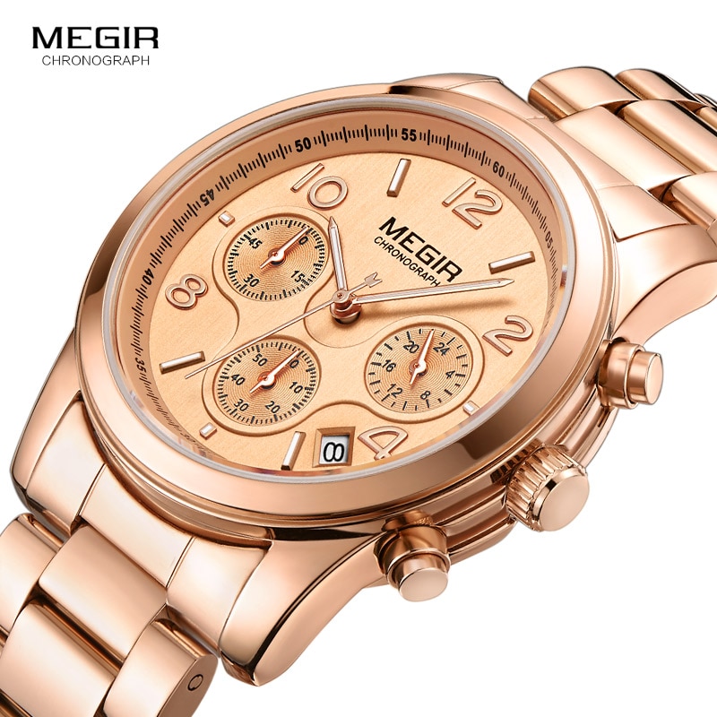 Reloj Megir mujer cronógrafo reloj de cuarzo con oro de acero inoxidable brazalete de acero 24 horas calendario pantalla reloj de pulsera para mujer 2057
