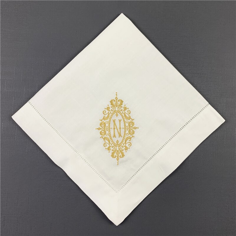 Sæt  of 12 glimrende monogram servietter hvide sømme linned bord servietter 20 " x20 " stige broderet første te serviet: Guldbogstav n