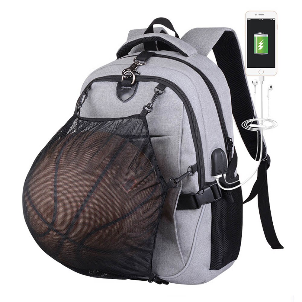 Tenneight mænds basketball sport gym tasker skoletaske til fodbold teenager fodbold net usb opladning rygsække laptop taske: Grå