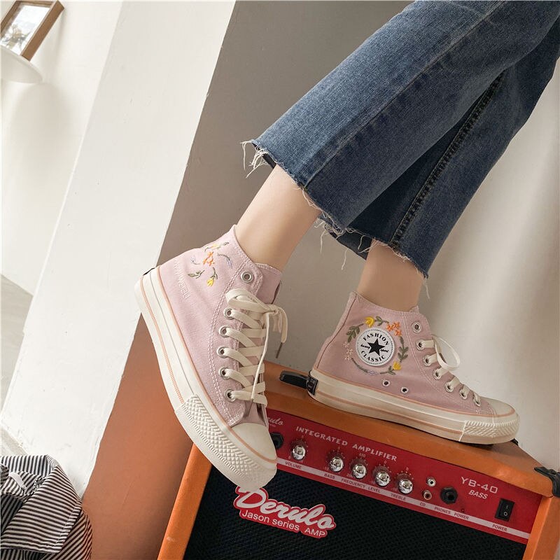 Spring Women Embroidery High Top Canvas Shoes Flat Casual Custom Sneakers skateboarding shoes Student Shoes: Pink / 35
