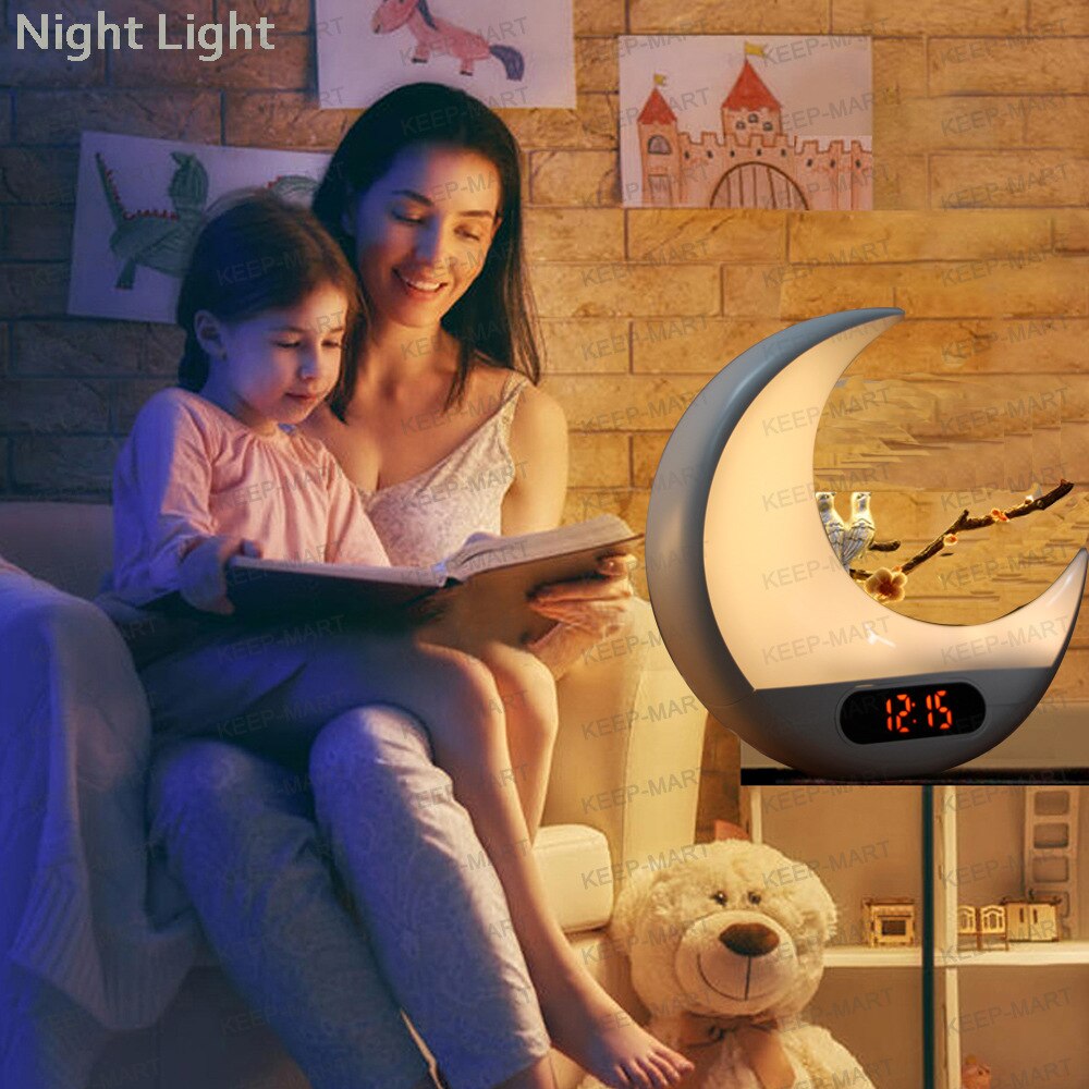 Moon Digital Alarm Clock Wake Up Light LED Lamp Electronic Desk Clock Simulating Sunrise/Sunset Colorful Light with FM Radio
