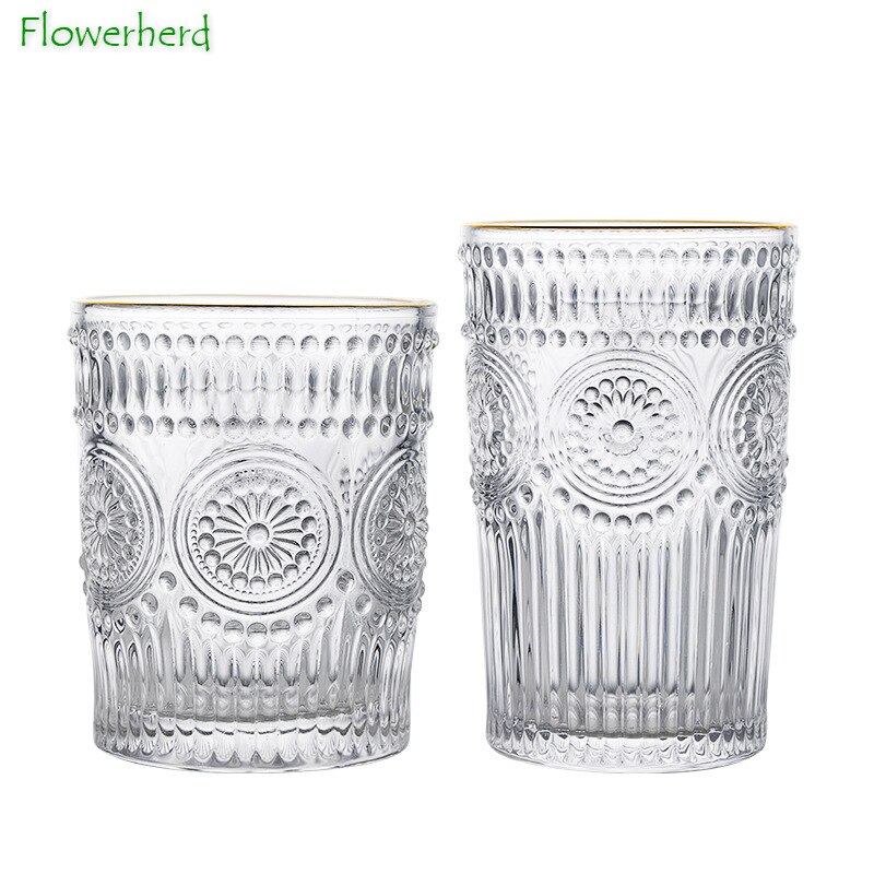 Large Outline In Gold Glass Cup Household Glass Tea Cup Nordic Transparent Relief Juice Glass Crystal Wine Glass Drinkware
