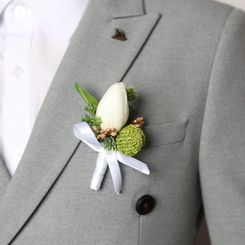 Tulipan corsage mænd bryllup hvid boutonniere blomster kunstig silke rose brocher brudepige gomsmænd festtilbehør