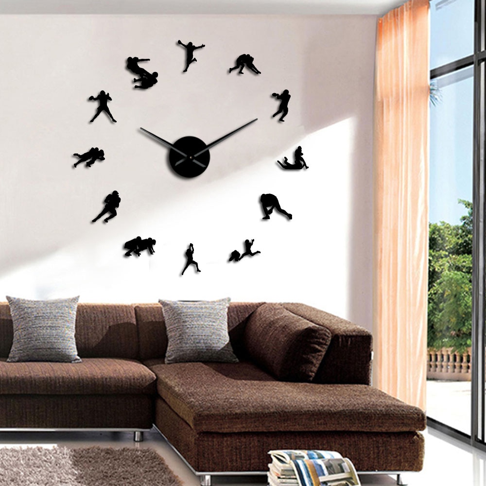 American Football Modern Large Wall Clock Rugby Wall Art Big Time Clock Wall Watch Boys Room Sports Decor Football Player