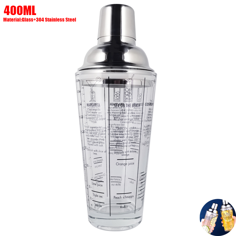 Bar Martini Bartender Tool-Mezclador de vino de 400ML/14OZ, botella agitadora, jugo de fruta, nieve, taza doble a escala, coctelera de vidrio: Glass Shaker 400ML