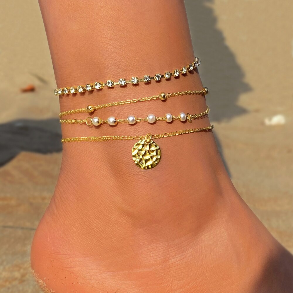 EN Female Gold Color Round Pendant Anklets For Women Pearl Bead Chain Ankle Bracelets Girls Barefoot on Leg Chain Beach Jewelry: ENS19714098