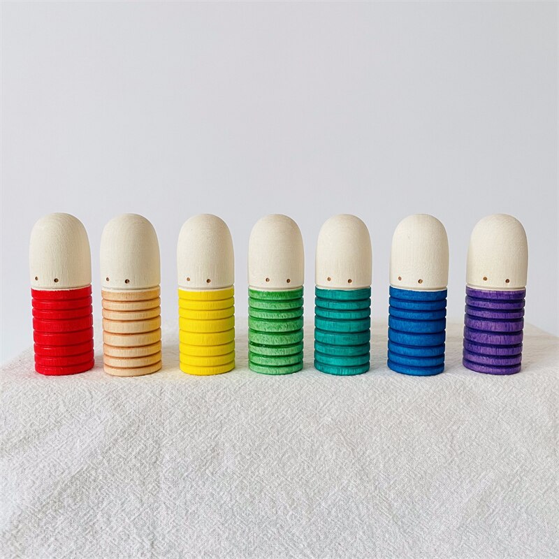 Regenbogen Peg Puppen Set Baby Holz Abbildung Blöcke Konstruktor Kinder Montessori Pädagogisches Spielzeug Open Ended Spielen Spielzeug für Kinder: D