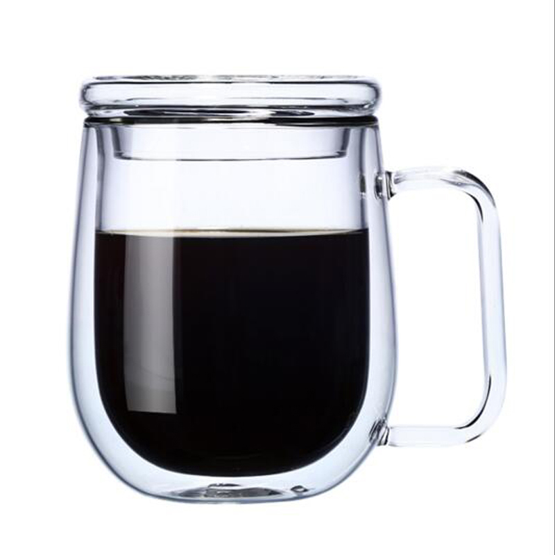 250ml double wall tea cup coffee cups with handle lid: glass lid