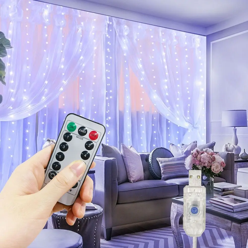 Cortina de luces LED con Control remoto, guirnalda de luces de hadas para decoración de dormitorio y sala de estar, USB, 8 modos, 3/6M