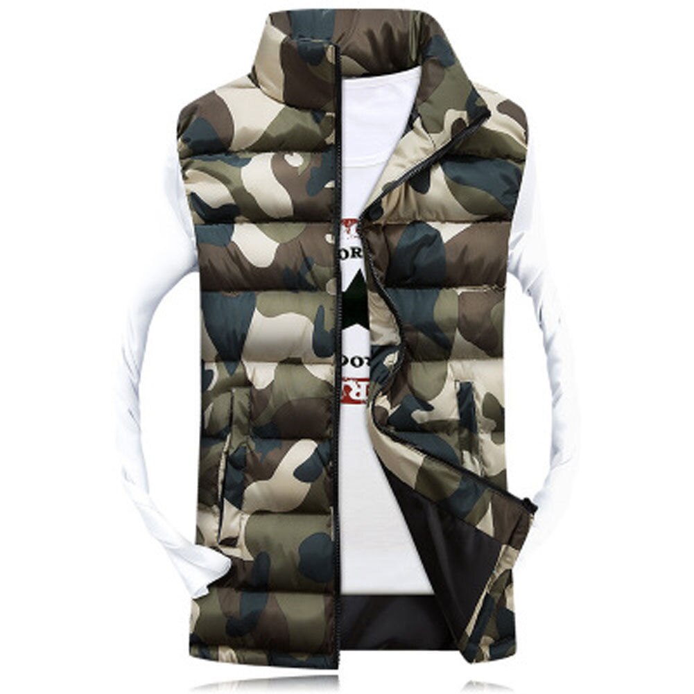 Hommes hiver sans manches coton camouflage veste mince à capuche gilet manteau gilet zippé hommes automne camouflage gilet manteau: Vert / L