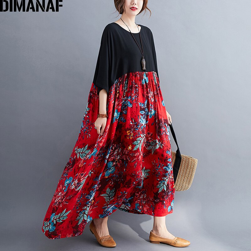 DIMANAF Plus Size Women Dress Print Floral Cotton Sundress Lady Vestidos Spliced Black Loose Casual Maxi Dress 5XL 6XL Clothing